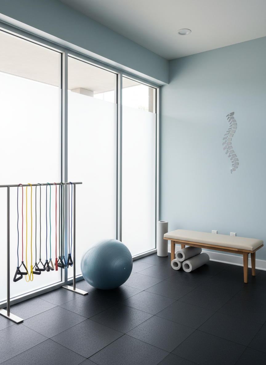 A serene rehabilitation and wellness area in a chiropractic clinic, showcasing a set of neatly aligned exercise equipment: resistance bands in graduated colors hanging on a brushed metal rack, a stability ball in muted blue resting on a non-slip dark rubber floor, and a pair of light gray foam rollers stacked beside a minimalist wooden bench. Large windows with frosted glass allow diffused natural light to wash the space, creating soft highlights and barely-there shadows. The walls are painted in a soothing light blue-gray, with a subtle, modern logo of a stylized spine on one wall. Photographed from a slightly elevated angle using the rule of thirds, everything appears crisp and organized, projecting a calm, professional, and wellness-focused atmosphere in realistic photographic style.