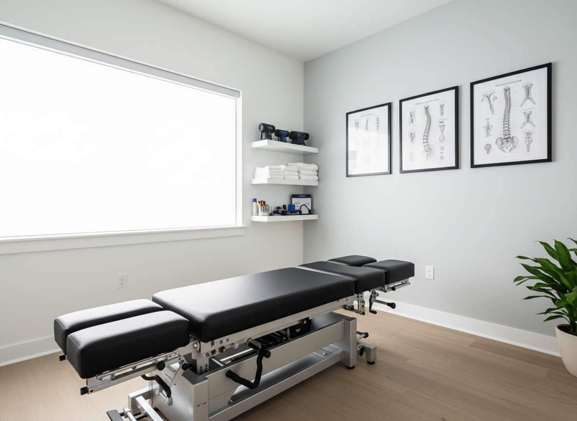 A modern chiropractic treatment room in North Kansas City, featuring a premium black chiropractic adjustment table with smooth vinyl upholstery and polished metal accents at the center of the frame. The room has crisp white walls with a subtle light gray accent wall, framed anatomical spine charts, and neatly organized shelves with neatly stacked white towels and labeled treatment tools. Soft, diffused daylight enters through a large frosted window, creating gentle, professional lighting with minimal shadows. Shot at eye level with a slightly wide angle, maintaining sharp focus throughout. The mood is clean, calm, and clinical yet welcoming, rendered in photographic realism with a clean, modern aesthetic appropriate for a professional chiropractic practice website.