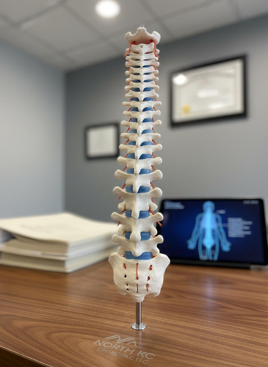 A close-up, photographic realist image of a detailed human spine model standing upright on a polished walnut desk in a chiropractor’s office. The vertebrae are an off-white matte plastic with subtle texturing, interspersed with soft blue and red markers for nerves and discs, catching small highlights from overhead recessed lighting. Behind the spine model, out of focus, are neatly arranged patient files, a digital tablet displaying a spine diagram, and a blurred chiropractic certificate on a cool gray wall. The lighting is bright but soft, creating a professional, educational atmosphere. Captured from a slightly low angle with a shallow depth of field, the spine model is sharply in focus, symbolizing precision, expertise, and spinal wellness for a North KC chiropractic brand.